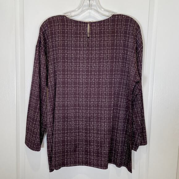 Eileen Fisher Cassis Stretch Silk Top Purple Grid Print Charmeuse Long Sleeve M - Picture 5 of 5